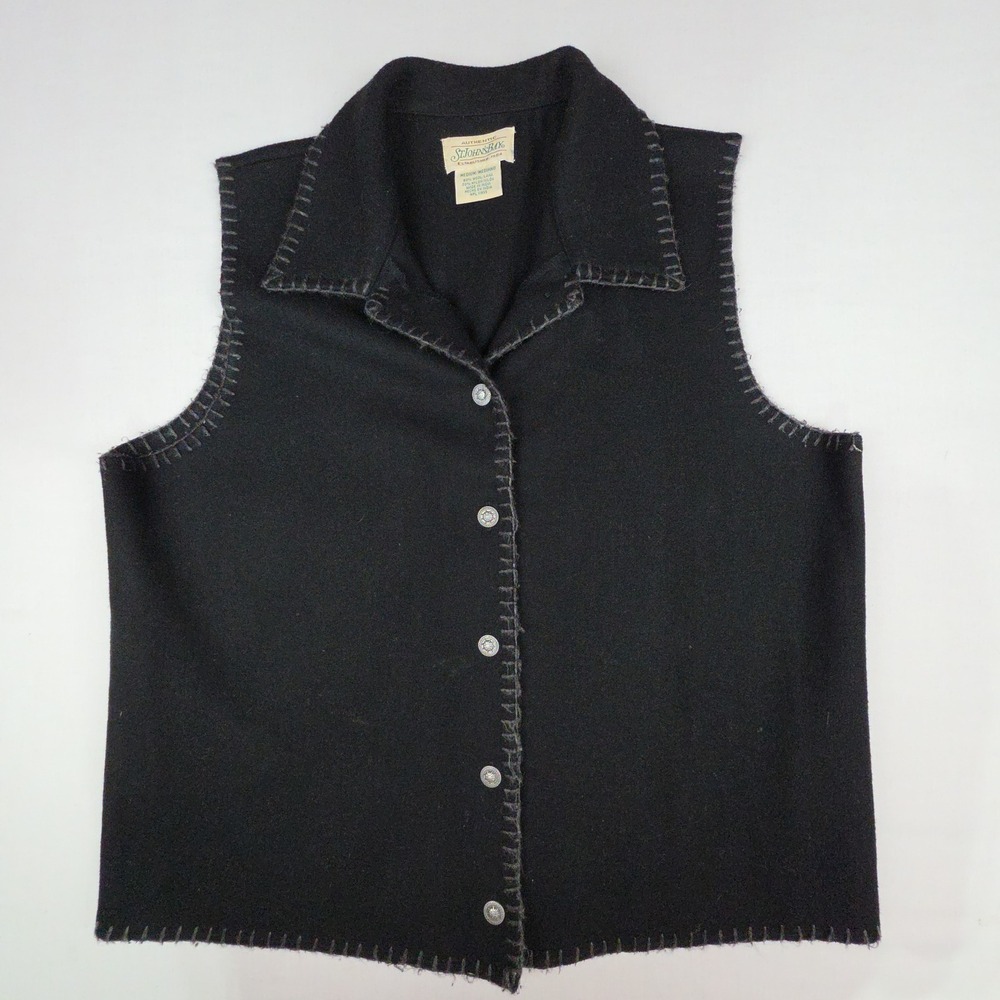 St. John's Bay Blanket Stitch Button Front Vest Womens Medium Black Wool Blend